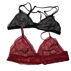 Victoria's Secret Black and Red Floral Lace Unlined Bra Bundle Large Intimates